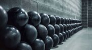 A row of medicine balls stacked up against a wall