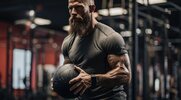 Muscular man with a beard using a medicine ball to build hypertrophy