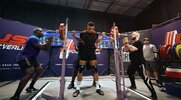 United States Air Force Staff Sergeant Joshua Alvord performing a behind the neck squat