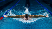 Expert swimmer doing a butterfly stroke in an olympic pool