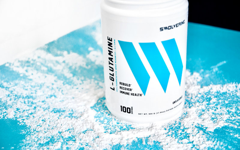 L-Glutamine product shot on a blue and white background